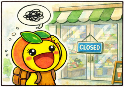 RinRin looks confused in front of a shop that is actually closed