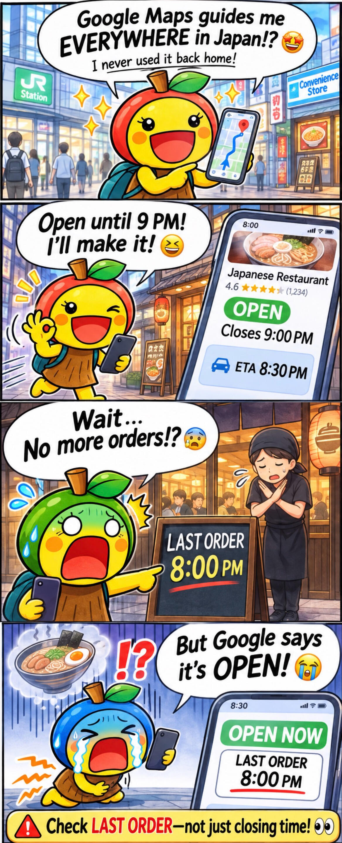 RinRin reacts with shock and frustration after finding the shop closed